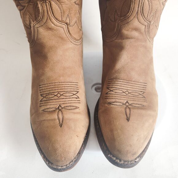 Vintage Abilene Western Cowboy Cowgirl Boots Nubuck Block Heel 8 Camel T… - Picture 6 of 13